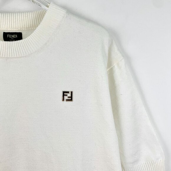 Fendi White Wool Knit Round-Neck Short-Sleeve T-Shirt With Double F Logo Size 46 - Picture 3 of 6